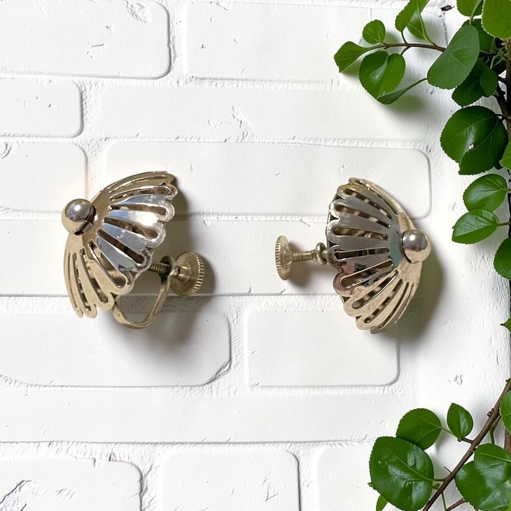 Vintage Coro Mixed Metal Fan Screw Back Earrings Mid Century Art Deco